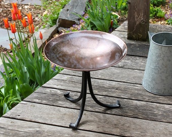 Hammered Copper Birdbath with Wrought Iron Tripod Stand