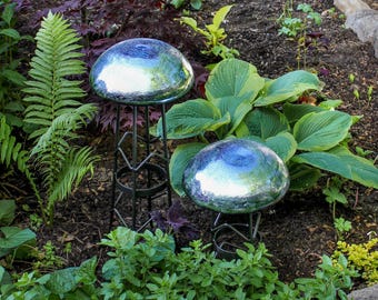 Light Blue Garden Toadstool, Blown Crackle Glass with Wrought Iron Stand