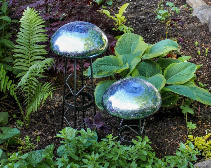 Light Blue Garden Toadstool, Blown Crackle Glass with Wrought Iron Stand