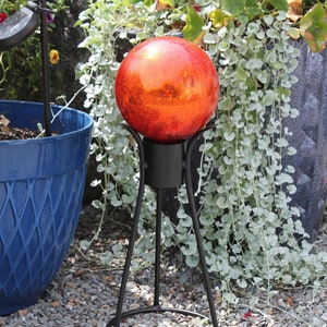6&quot; Tomato Red Mirrored Crackle Textured Glass Garden Gazing Ball with Wrought Iron Stand