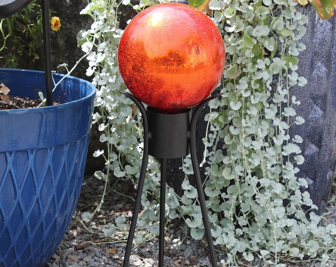 6" Tomato Red Mirrored Crackle Textured Glass Garden Gazing Ball with Wrought Iron Stand