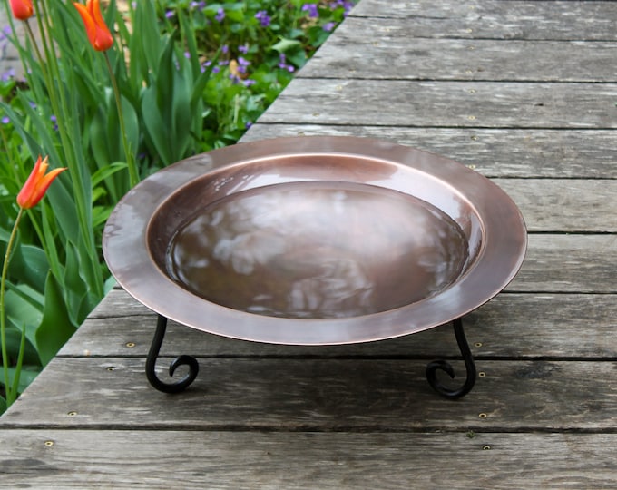 18" Copper Birdbath Bowl with Low Wrought Iron Stand