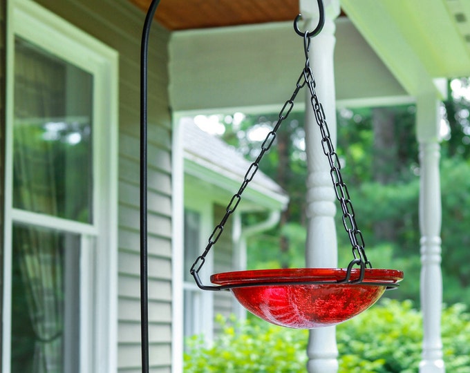 12" Hanging Tomato Red Crackle Glass Birdbath Bowl