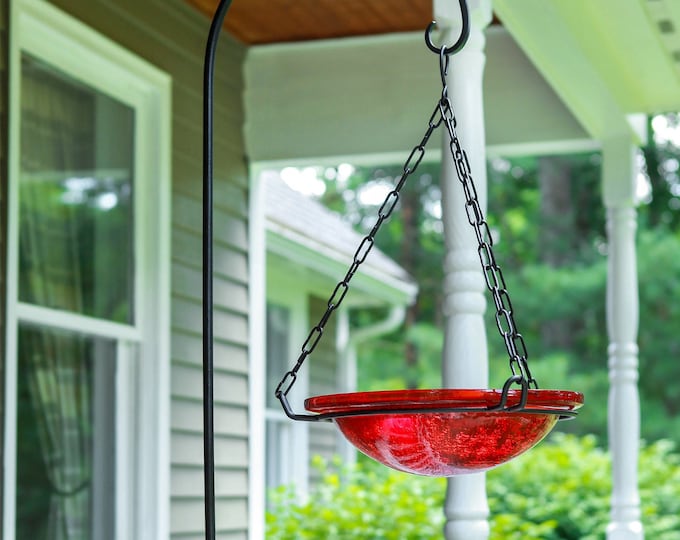 12" Hanging Tomato Red Crackle Glass Birdbath Bowl