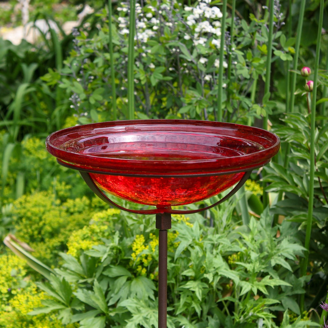 12 Tomato Red Glass Birdbath With Garden Stake - Etsy