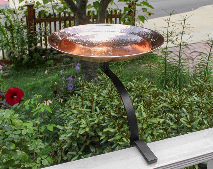 Hammered Copper Birdbath with Clamp-on Bracket for Railings