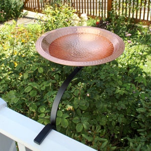 14&quot; Solid Copper Hammered Birdbath with Rim and Clamp on Railing Bracket