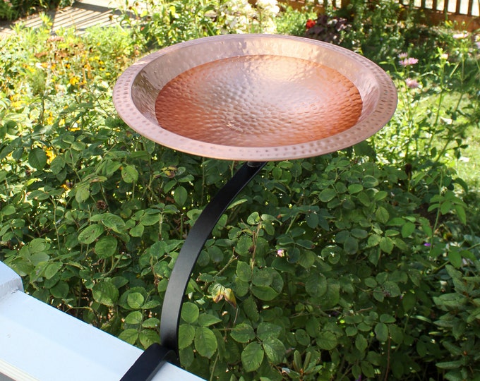 14" Solid Copper Hammered Birdbath with Rim and Clamp on Railing Bracket