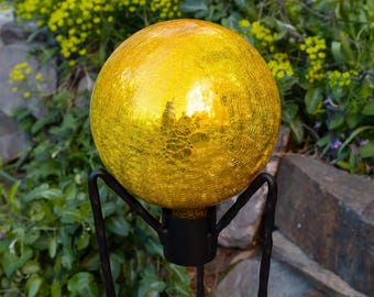 10" Yellow Crackle Glass Garden Gazing Ball with Wrought Iron Stand