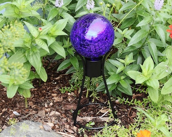 6" Cobalt Blue Mirrored Crackle Textured Glass Garden Gazing Ball with Wrought Iron Stand
