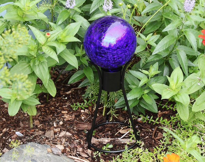 6" Cobalt Blue Mirrored Crackle Textured Glass Garden Gazing Ball with Wrought Iron Stand