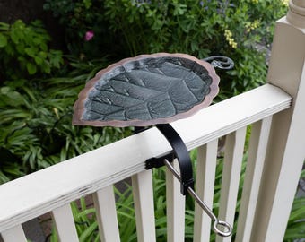 Hammered Leaf Copper Birdbath with Over Deck or Hand Rail Bracket