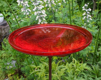 14" Tomato Red Crackle Glass Birdbath with Garden Stake