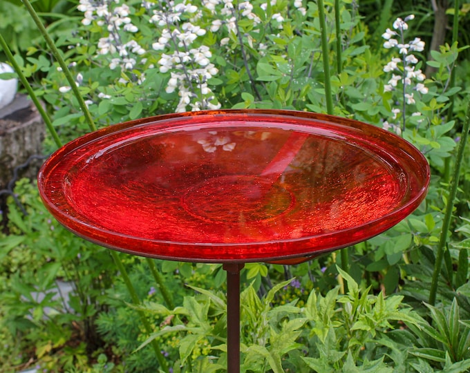 14" Tomato Red Crackle Glass Birdbath with Garden Stake