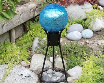 6" Turquoise Blue Handblown Crackle Glass Garden Gazing Globe with Optional Wrought Iron Stand