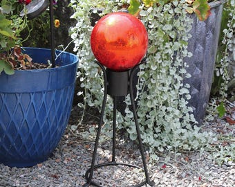 6" Tomato Red Handblown Crackle Glass Garden Gazing Globe with Optional Wrought Iron Stand