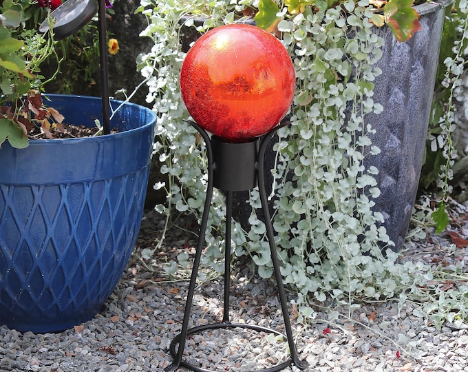 6" Tomato Red Handblown Crackle Glass Garden Gazing Globe with Optional Wrought Iron Stand