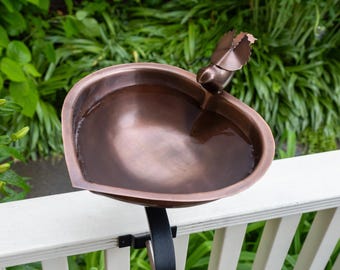 Heart-shaped Copper Birdbath with with Over Deck or Hand Railing Bracket