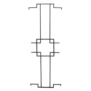 May include: Black metal gate with a square design in the center. The gate is made of thin metal bars and has a simple, modern style.