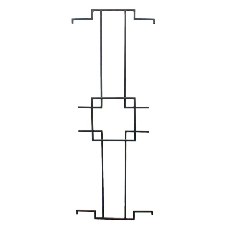 May include: Black metal gate with a square design in the center. The gate is made of thin metal bars and has a simple, modern style.