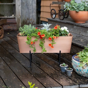 May include: A copper-colored rectangular planter box filled with vibrant orange and white flowers and green foliage. The planter sits on a black metal stand. The planter is on a wooden deck.