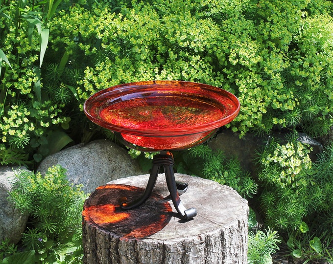 12" Tomato Red Crackle Glass Birdbath with Small Stand