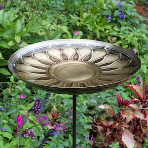 Daisy Sunflower Embossed Brass Birdbath on Garden Stake