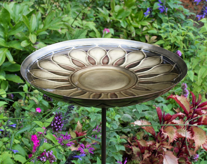 Daisy Sunflower Embossed Brass Birdbath on Garden Stake