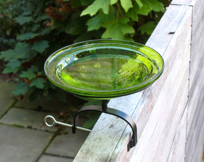 12" Lush Green Crackle Glass Birdbath with with Over Deck or Hand Rail Bracket