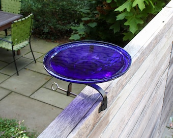 14" Cobalt Blue Crackle Glass Birdbath with with Over Deck or Hand Rail Bracket