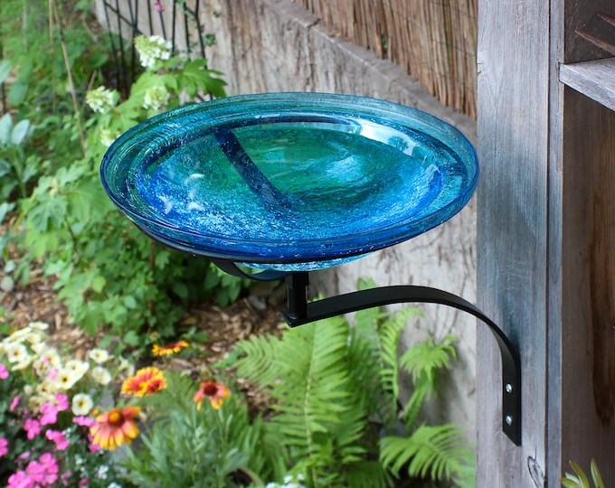 12" Turquoise Crackle Glass Birdbath with Wall/Post Bracket