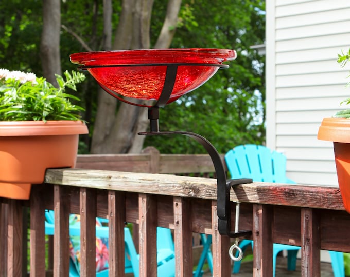 12" Tomato Red Glass Birdbath with Clamp-On Handrail Bracket