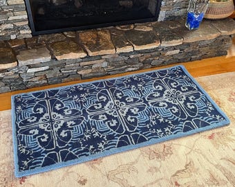 Wool Rug Sample. Rectangular Blue Patterned 56" x 26"