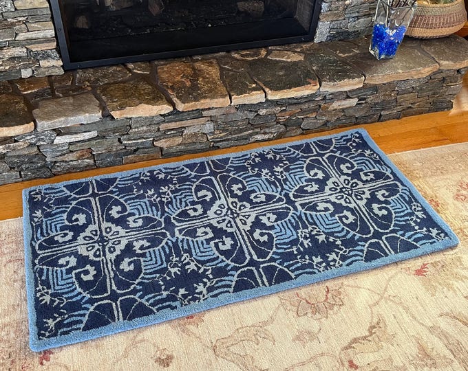Wool Rug Sample. Rectangular Blue Patterned 56" x 26"