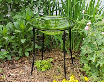 12" Lush Green Crackle Glass Birdbath Bowl with Wrought Iron Ring Stand