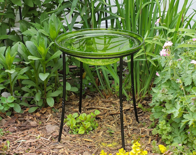 12" Lush Green Crackle Glass Birdbath Bowl with Wrought Iron Ring Stand