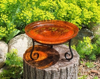 12" Tangerine Crackle Glass Birdbath Bowl and Stand