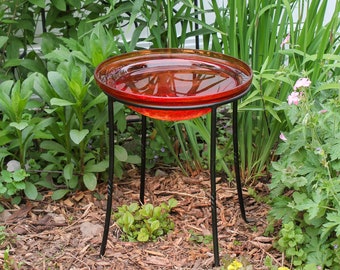 12" Brilliant Tomato Red Birdbath Bowl with Wrought Iron Ring Stand