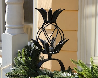 Pineapple Wrought Iron Votive Candle Tealight Holder with Over Railing Bracket