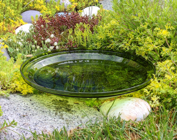 14" Lush Green Handblown Crackle Glass Birdbath Bowl