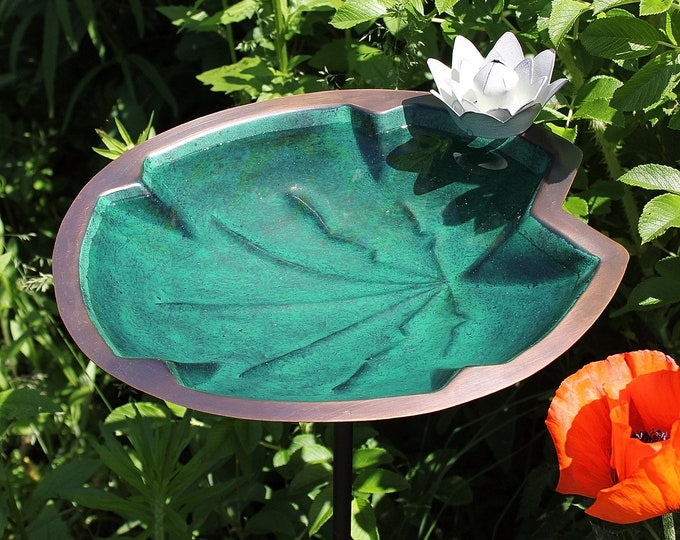 Lilypad Birdbath on Garden Stake, Brass and Copper with Patinas