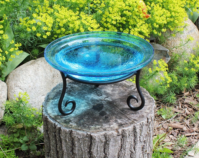 12" Turquoise Blue Crackle Glass Birdbath Bowl and Stand