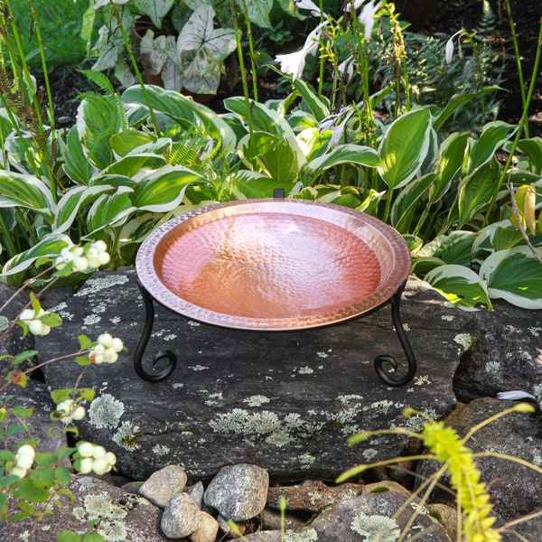 14" Hammered Copper Birdbath Bowl  With Rim and Ring Stand