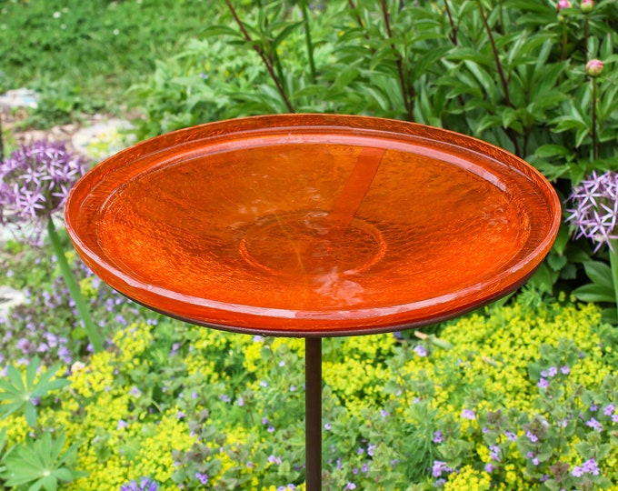 14" Tangerine Glass Birdbath with Garden Stake