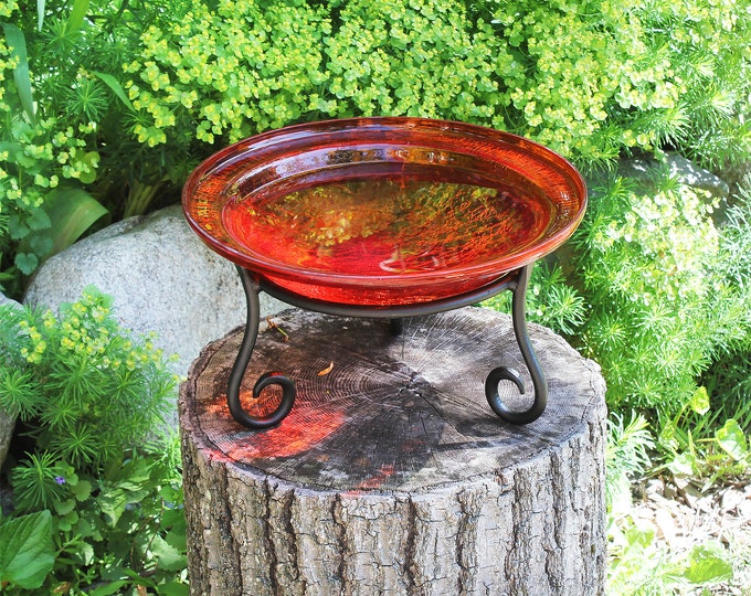 12" Tomato Red Crackle Glass Birdbath Bowl and Stand