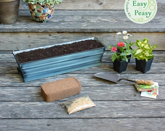 Easy Peasy Grow Kit with 22" Slate Blue Flower Windowbox Planter and Drip Tray