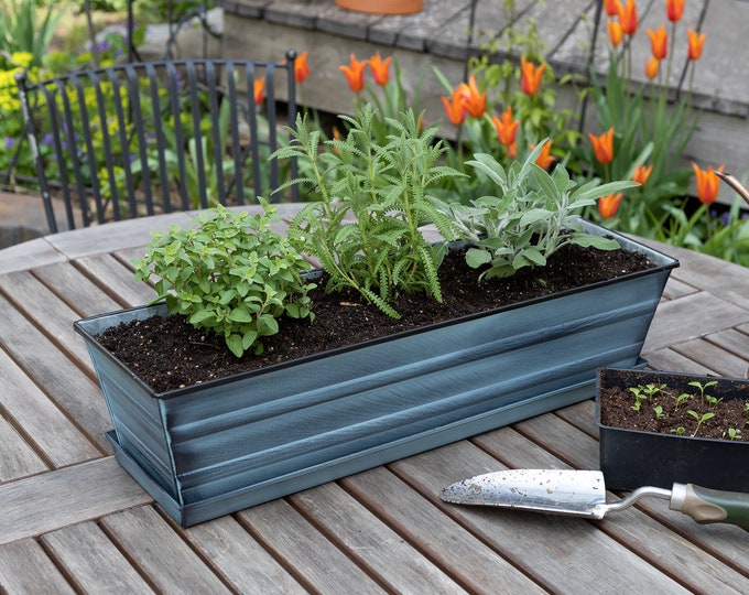 22" Slate Blue Flower Windowbox Planter, with Tray