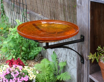 14" Tangerine Crackle Glass Birdbath with Wall Bracket