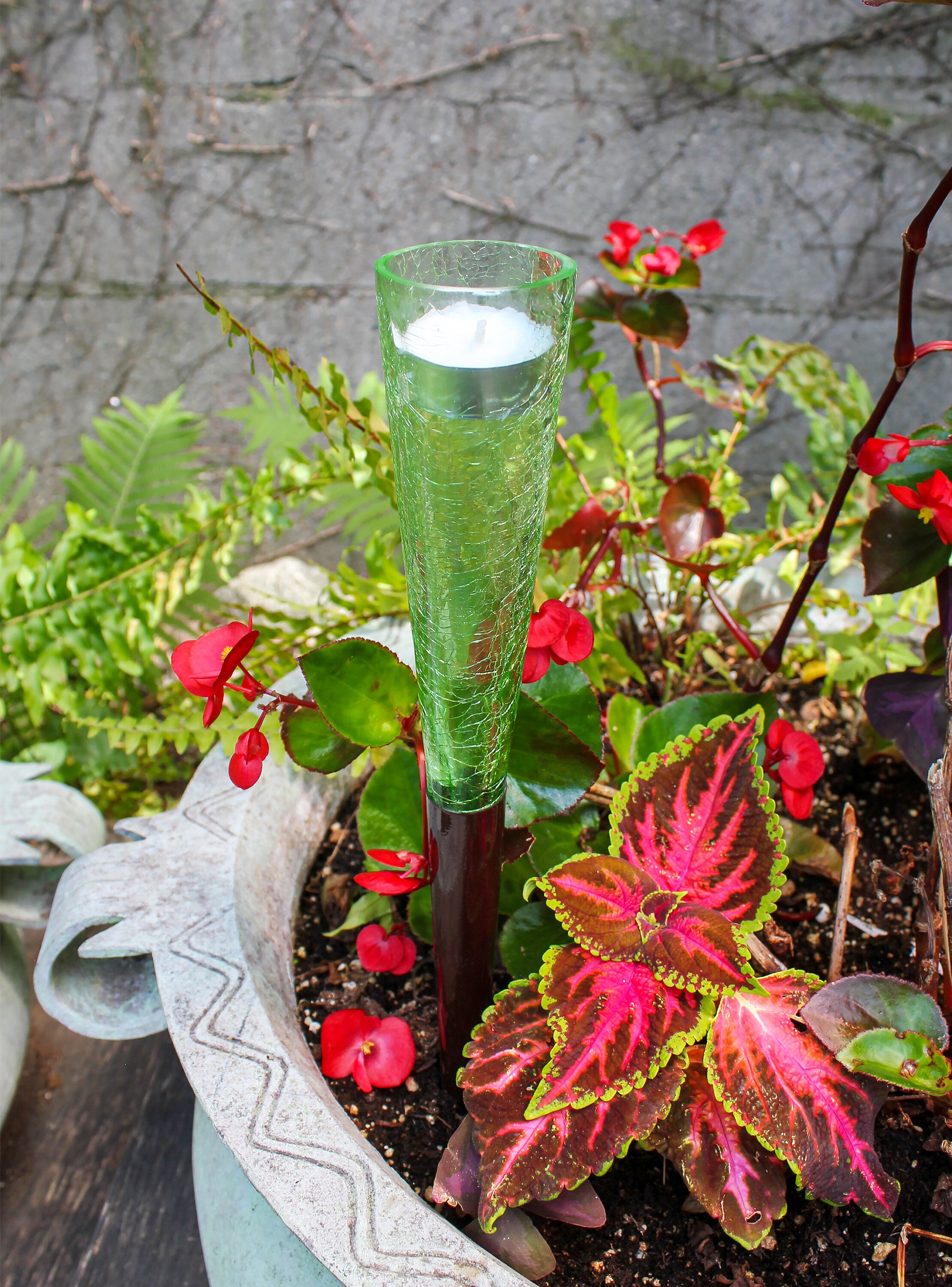 Garden Lights Tealight Candle Holders, Green Crackle Glass, Set of 6