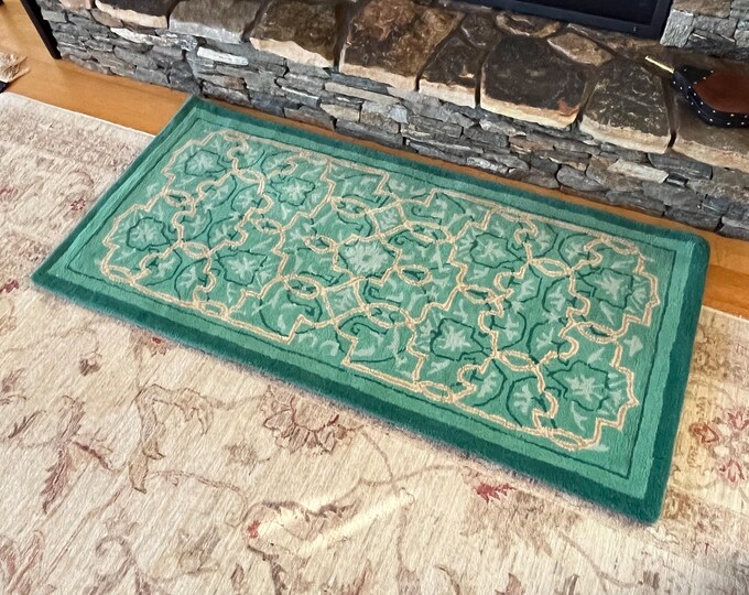 Wool Rug Sample. Rectangular Green Patterned 56" x 26"
